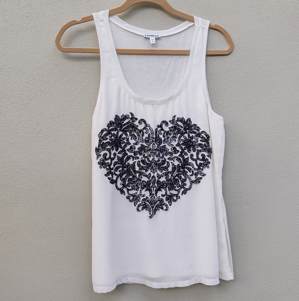 Express Dressy Cream Tank Top with Black Beaded Heart in Size Small Petite